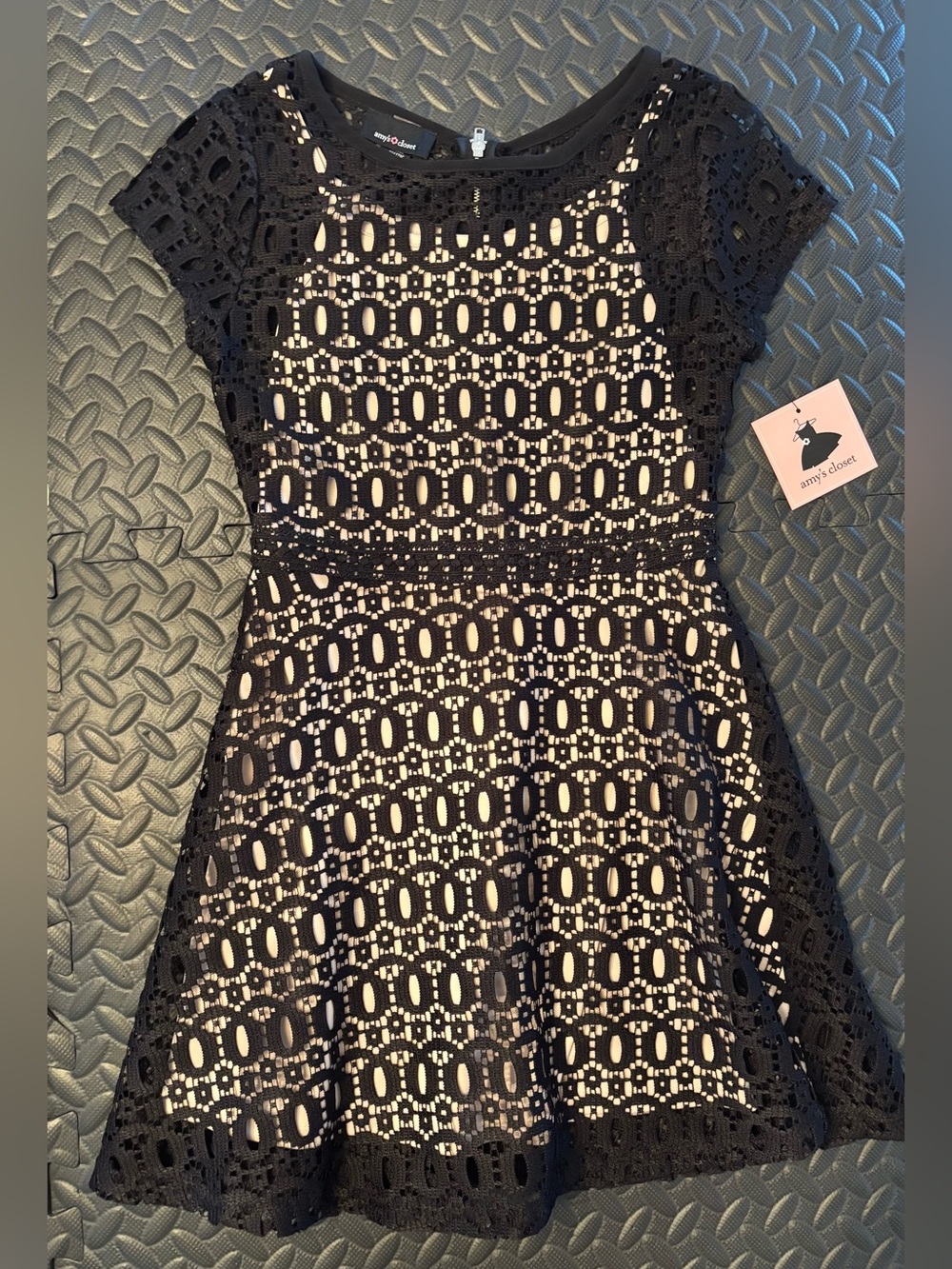 Amy's Closet Black Crochet Overlay Mini Dress with Nude Lining Girls Size 8